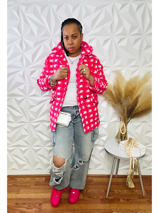 Blush Luxe Double-Breasted Bouclé Hot Pink Coat -Size Medium Only