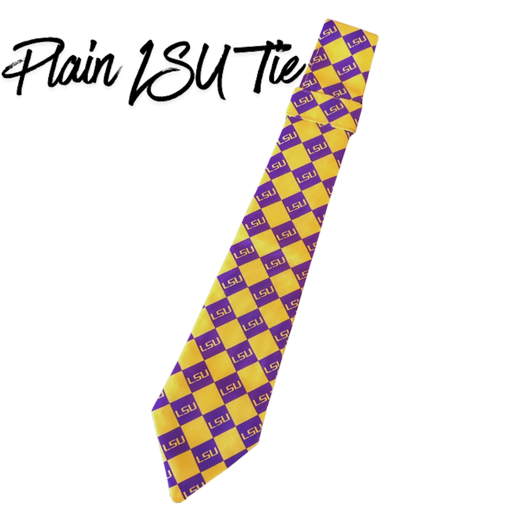 LSU Premade Junk Tie – Purple & Gold Statement Tie with Patches, Pins & Embellishments