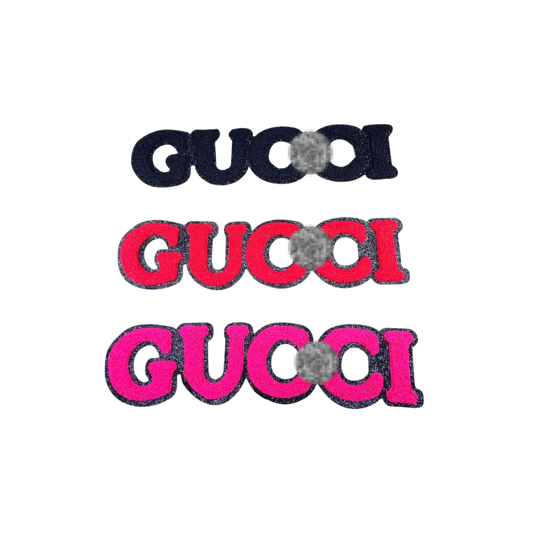 G Designer Inspired Word Glitter Embroidery Large Patches