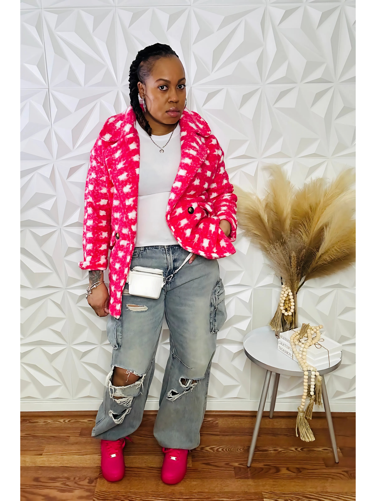 Blush Luxe Double-Breasted Bouclé Hot Pink Coat -Size Medium Only