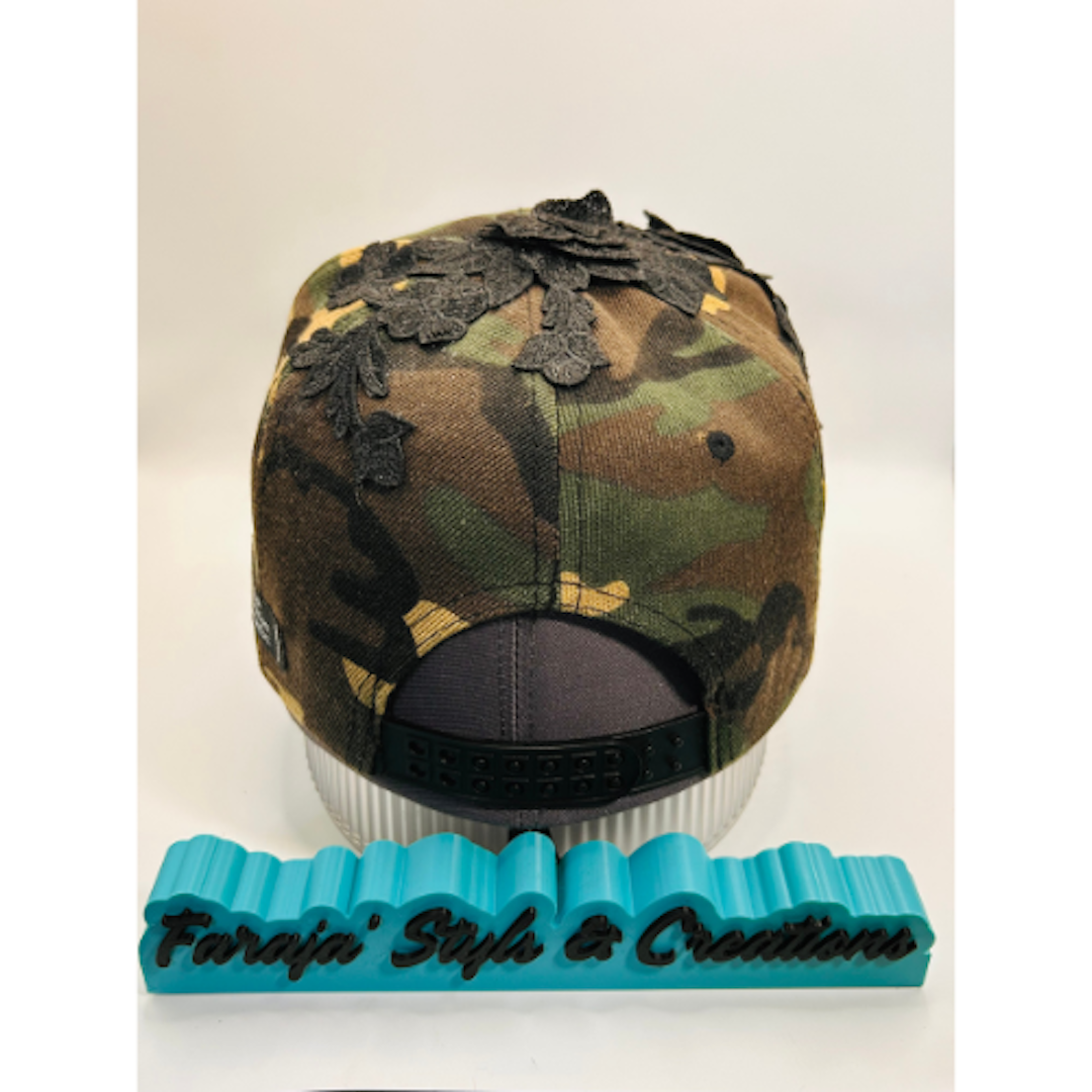 Camo Snapback Hat with Off White Chenille “Pretty” Patch & Embroidered Flowers | Pretty Girl Collection