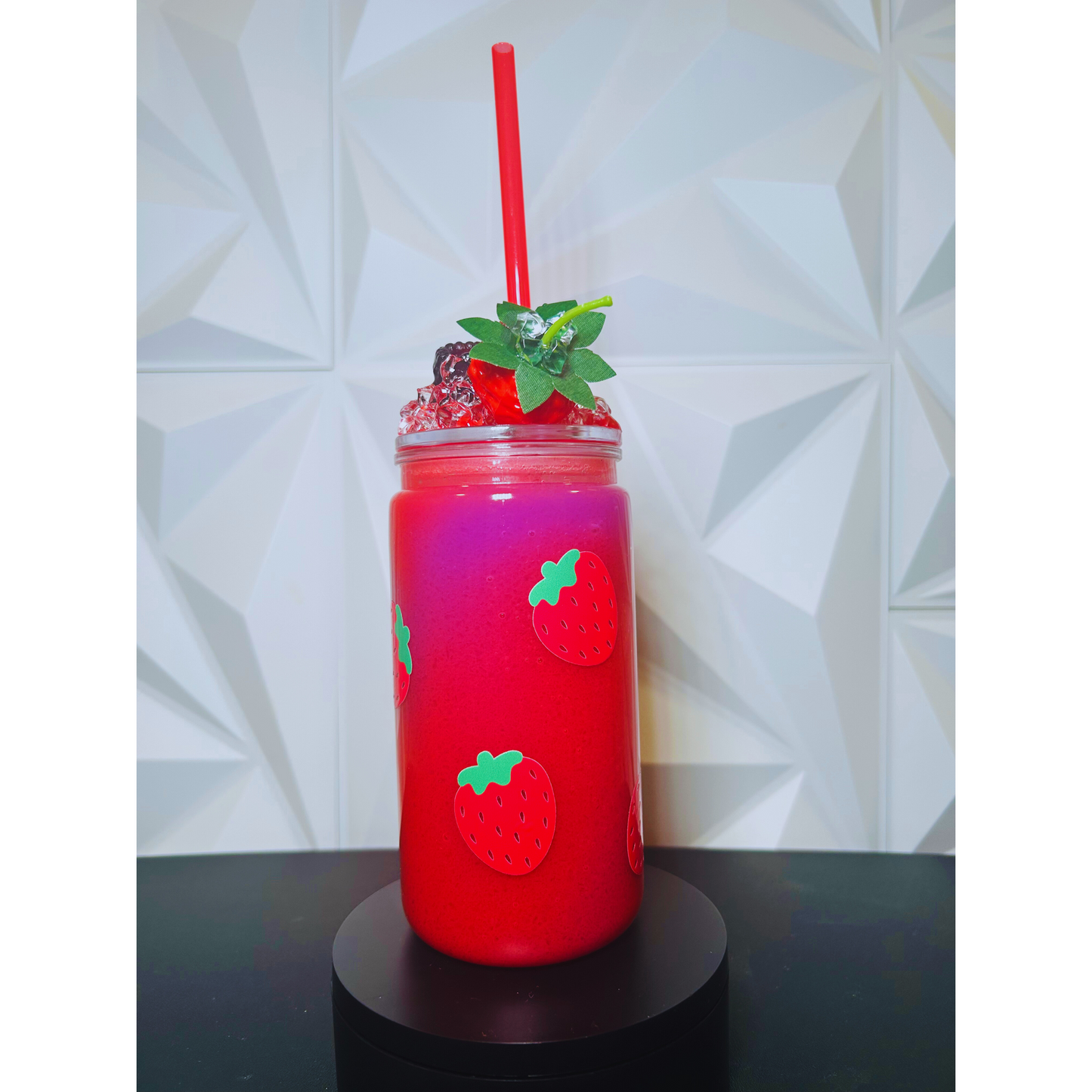 16oz Strawberry Slushy Snow Globe Tumbler | Positive Quote | UV DTF | Iced Strawberry Topper | Red Straw
