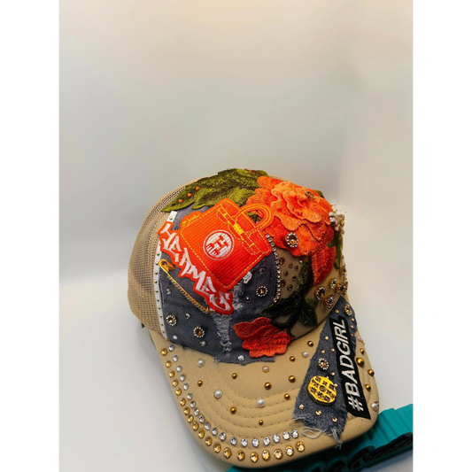 Bad Girl Custom Junk Trucker Hat | Rhinestones, Patches, Denim & Pearls