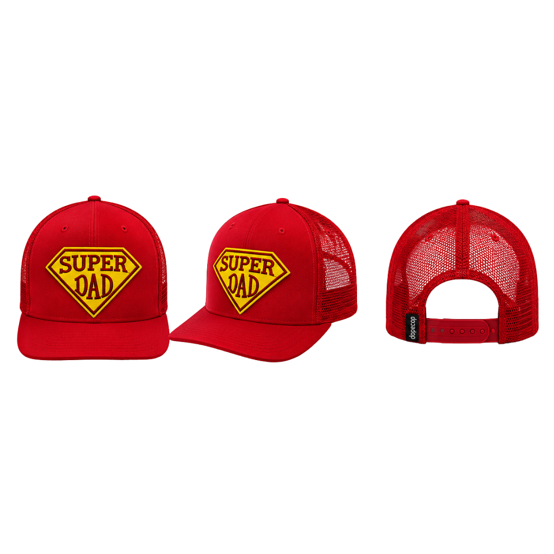 Super Dad Patched Snapback Hat | Father's Day Trucker Cap for Dads - Red