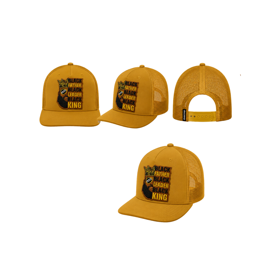 Black Father Leader King Patched Snapback Hat | Black Dad Pride Trucker Cap- Golden Brown