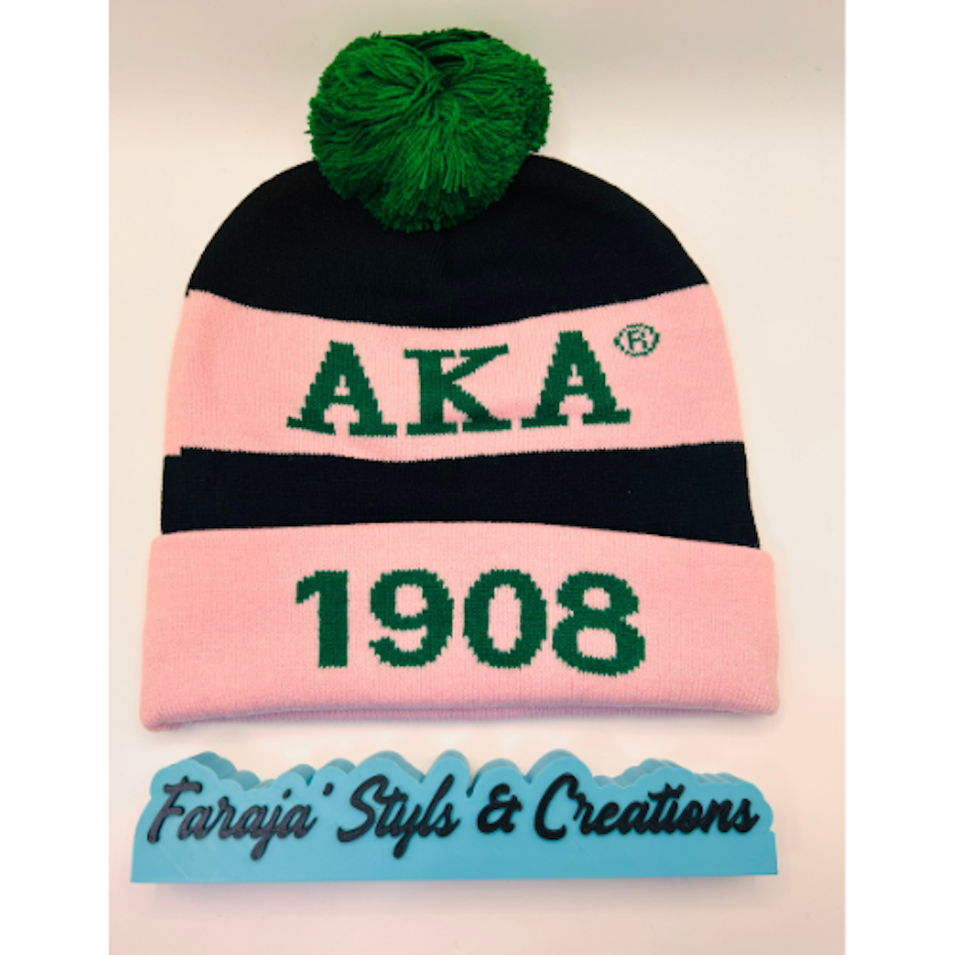 AKA Junk Pink/Black Pom Pom Beanie | Patched, Pinned, Stoned & Pearled | Custom Alpha Kappa Alpha Winter Hat