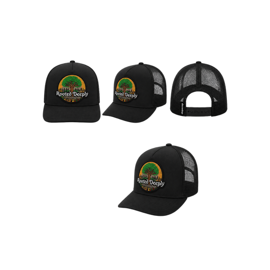 Rooted Deeply Patched Snapback Hat | Faith & Strength Trucker Cap - Black