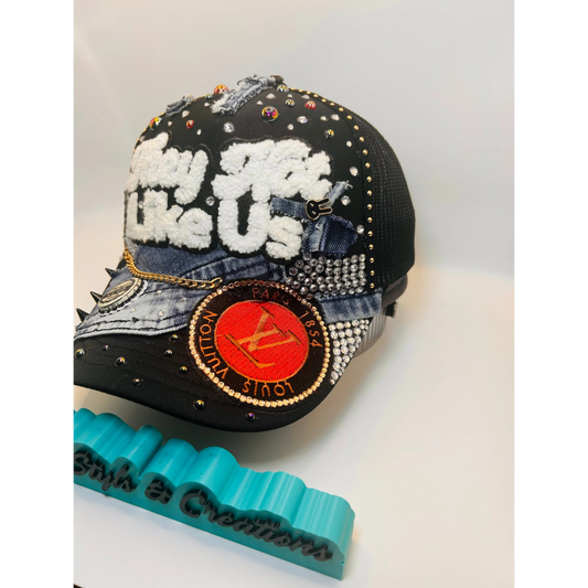 They Not Like Us Custom Junk Trucker Hat | Rhinestones, Patches, Denim & Pearls