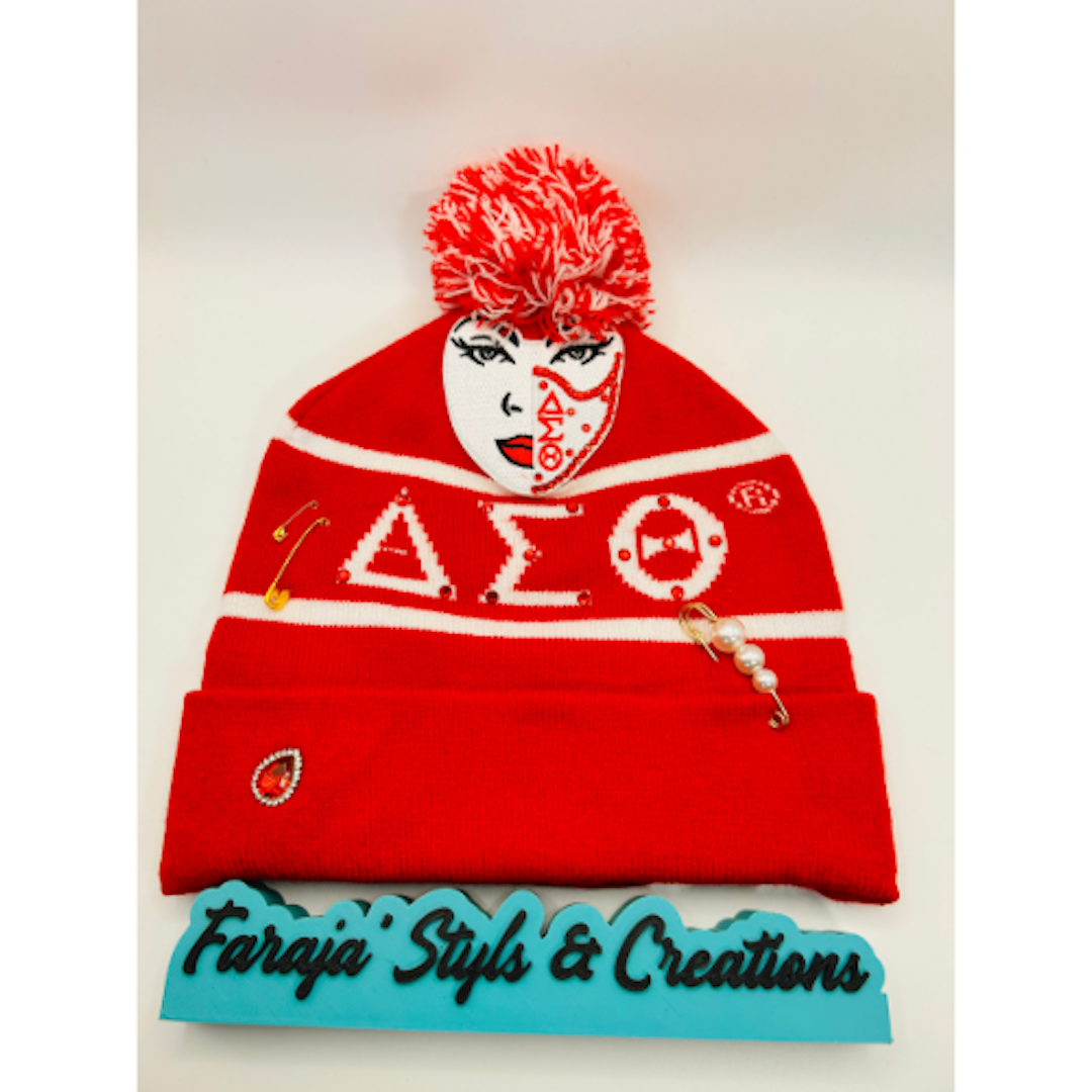 Delta Sigma Theta Junk Red/ White Pom Pom Beanie | Patched, Pinned, Stoned & Pearled | Custom DST Winter Hat