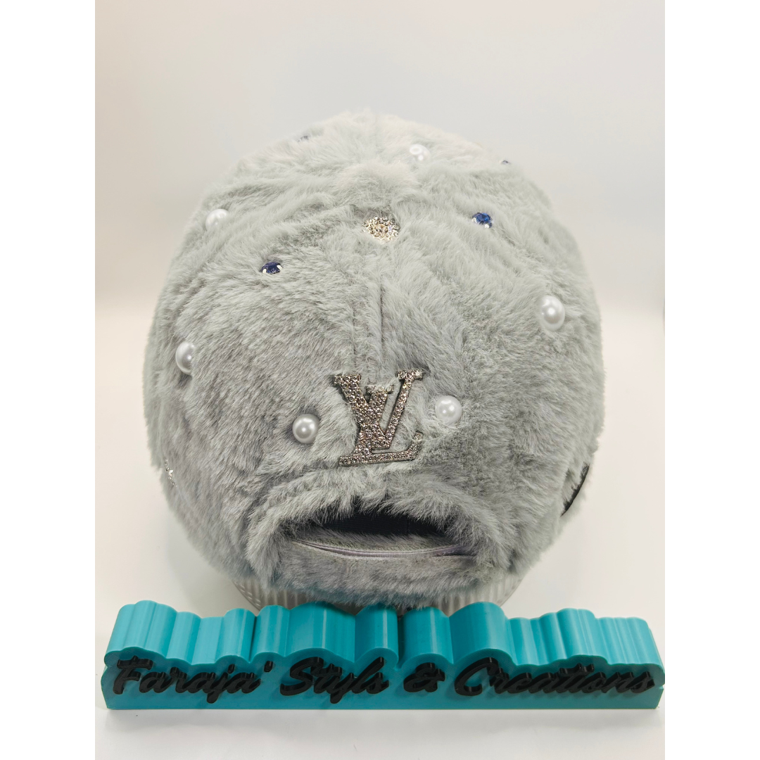 Silver Furry Luxury Junk Trucker Hat | Patches, Pins, Rhinestones & Pearls Brooches