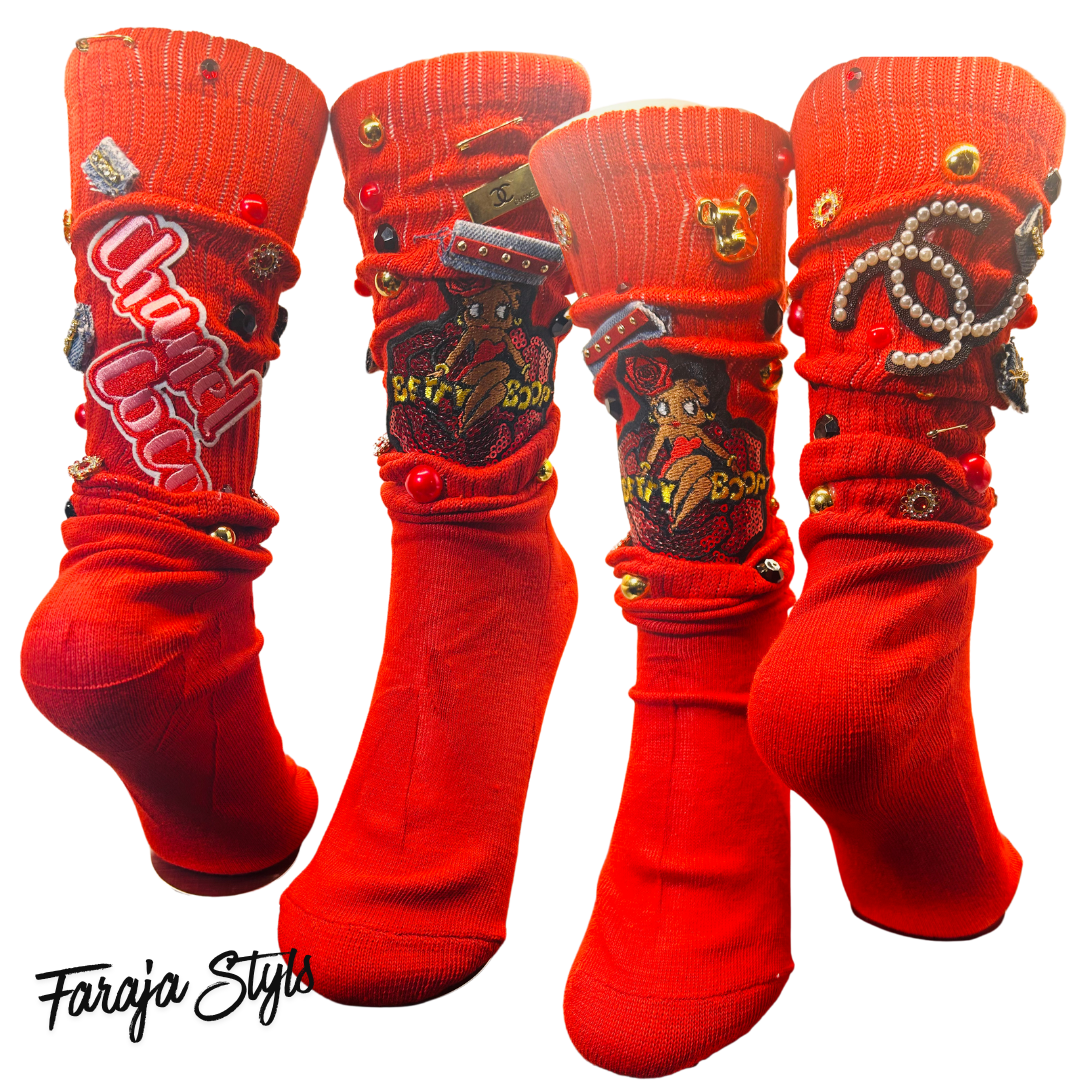 Custom Junk Slotch Socks with Patches, Pearls & Rhinestones | Personalized Glam Socks | Handmade Fashion Statement