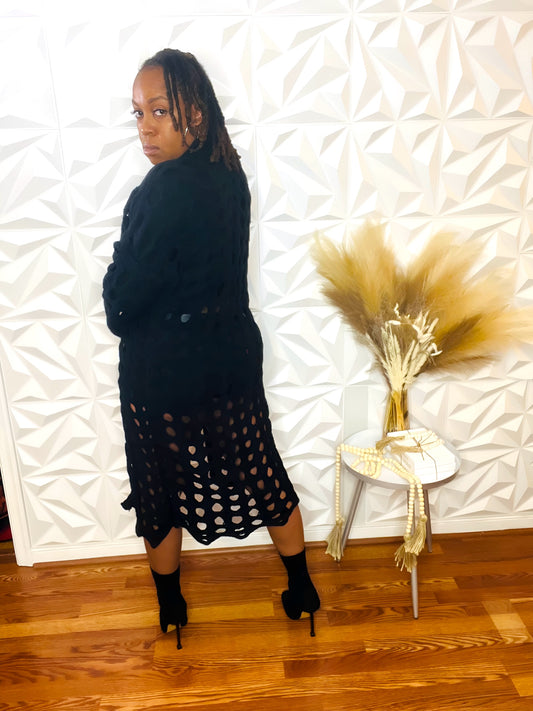 Pressed Hollow Open Flared Cardigan - Black