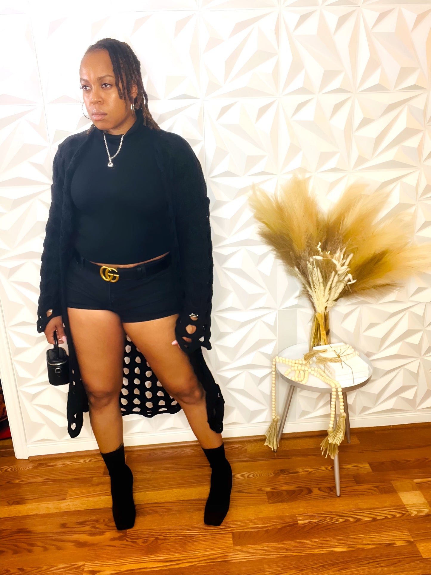 Pressed Hollow Open Flared Cardigan - Black