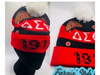 Delta Sigma Theta Junk Red/Black Pom Pom Beanie | Patched, Pinned, Stoned & Pearled | Custom DST Winter Hat