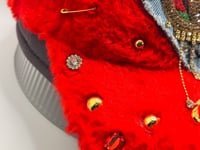 Red Furry Luxury Junk Trucker Hat | Patches, Bling Pins, Rhinestones & Pearls Brooches