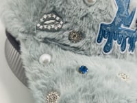 Silver Furry Luxury Junk Trucker Hat | Patches, Pins, Rhinestones & Pearls Brooches