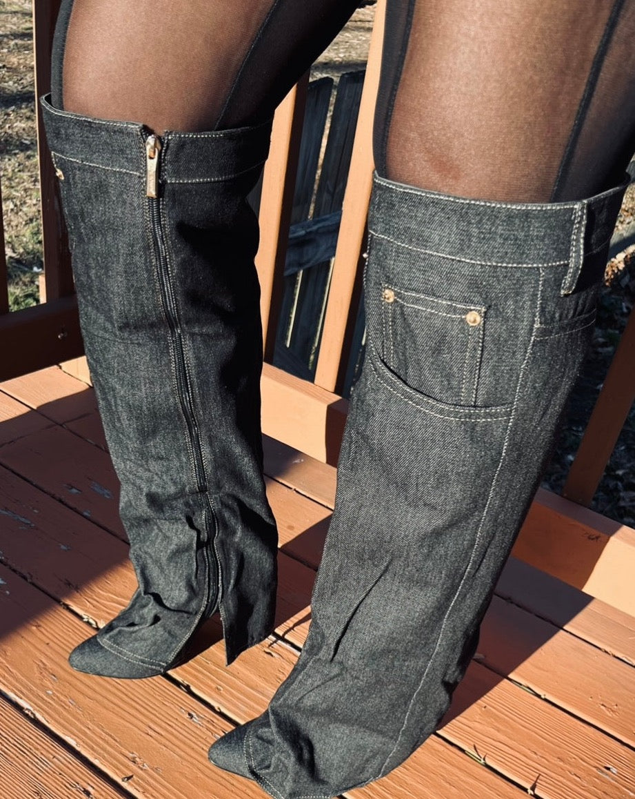 So Dangerous Knee Denim Heel Boot