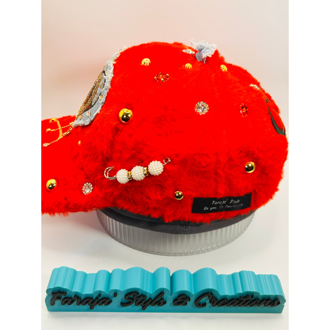 Red Furry Luxury Junk Trucker Hat | Patches, Bling Pins, Rhinestones & Pearls Brooches