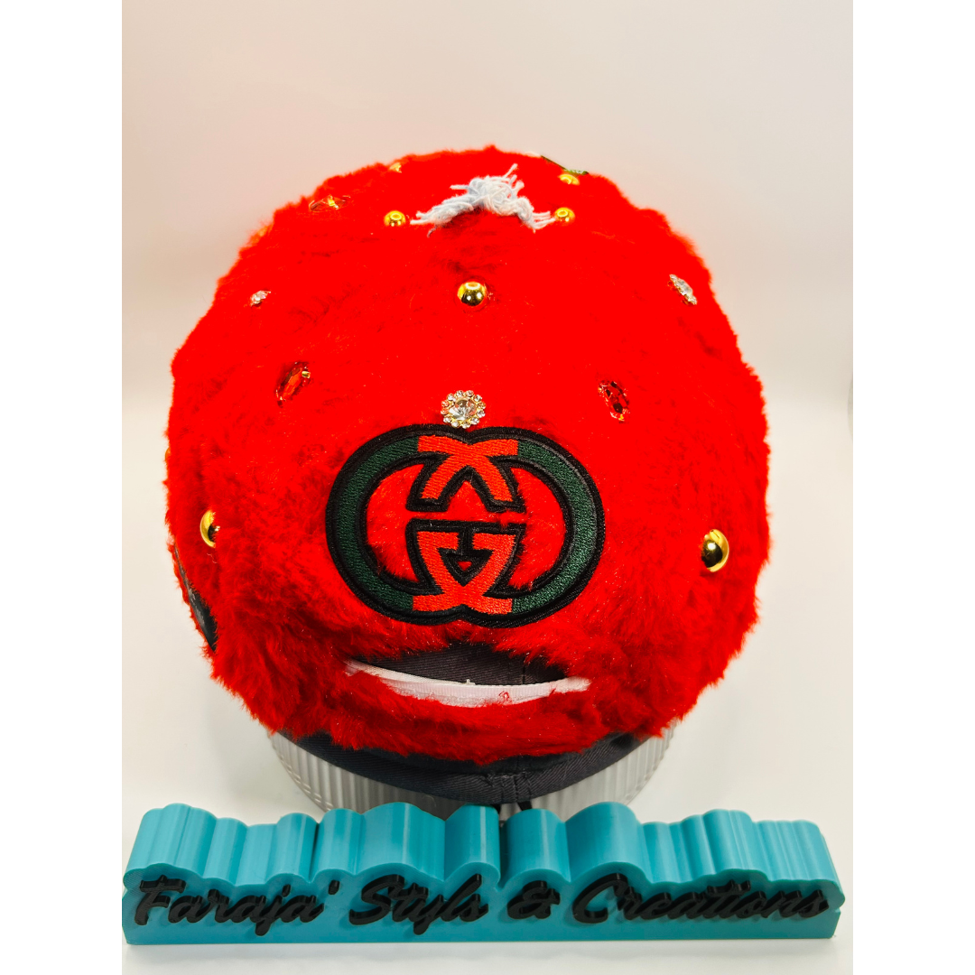 Red Furry Luxury Junk Trucker Hat | Patches, Bling Pins, Rhinestones & Pearls Brooches