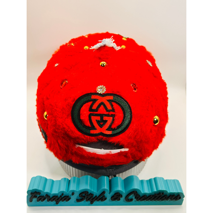 Red Furry Luxury Junk Trucker Hat | Patches, Bling Pins, Rhinestones & Pearls Brooches