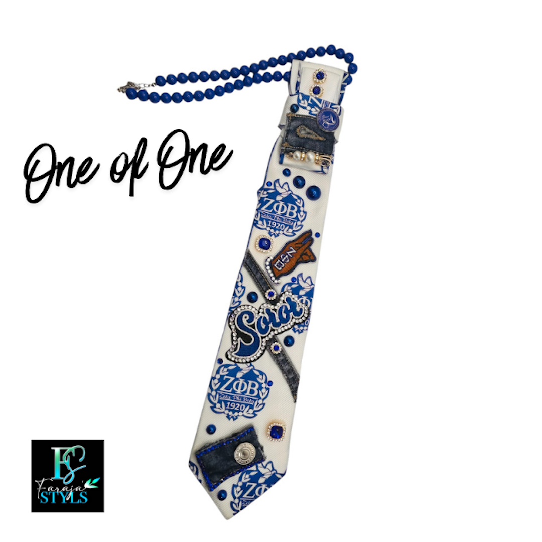 Zeta Phi Beta Premade Junk Tie – Blue & White Greek Statement Tie