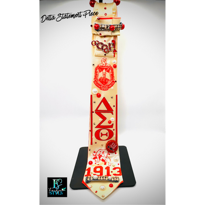 Delta Sigma Theta Premade Junk Tie – Red & White Greek Statement Tie with Bling & Denim