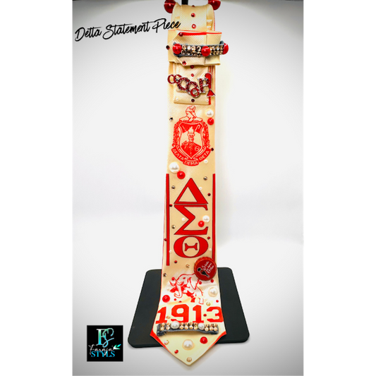 Delta Sigma Theta Premade Junk Tie – Red & White Greek Statement Tie with Bling & Denim