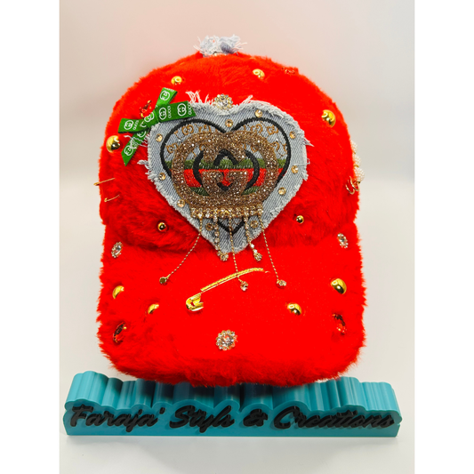 Red Furry Luxury Junk Trucker Hat | Patches, Bling Pins, Rhinestones & Pearls Brooches