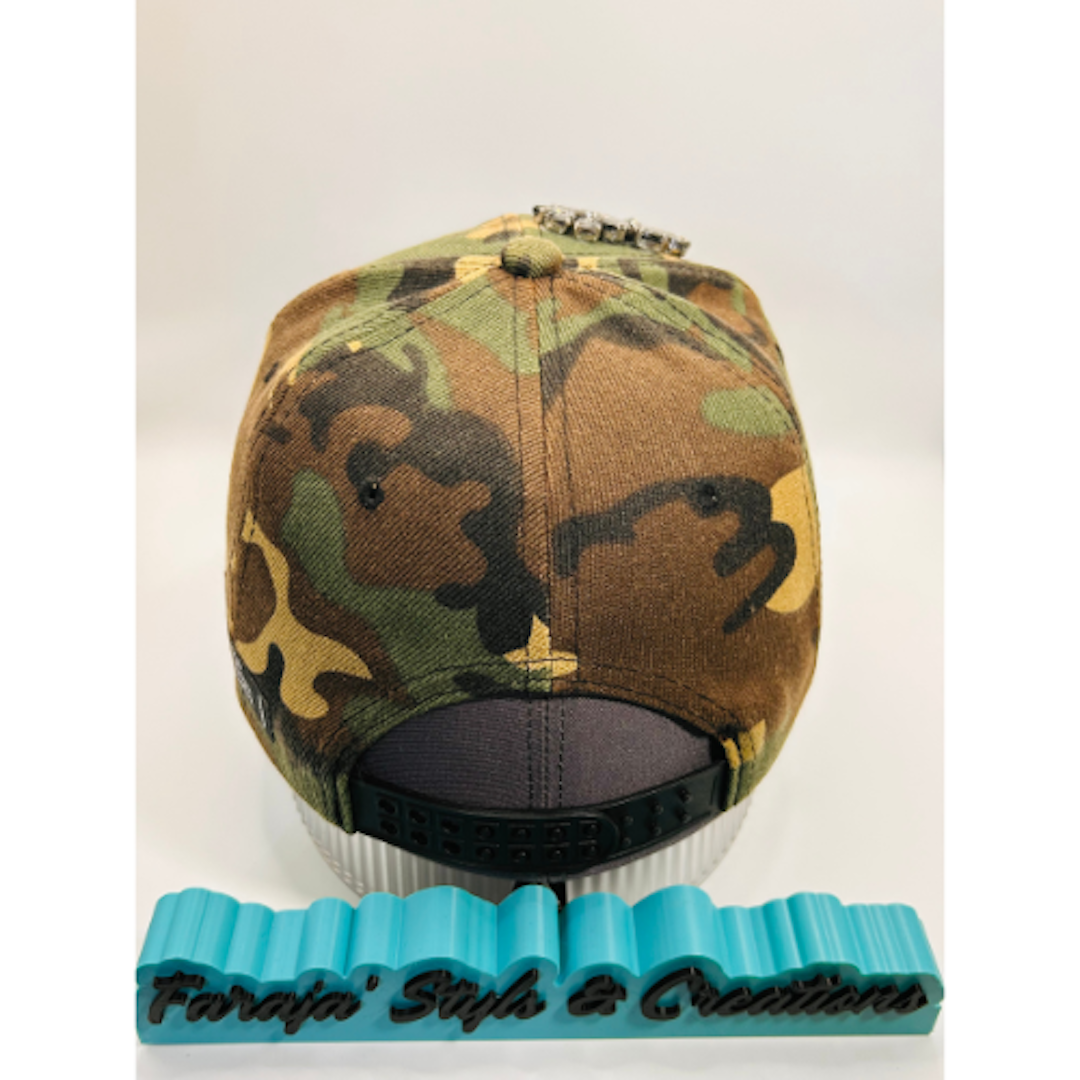 Camo Snapback Hat with Black Chenille “Pretty” Patch & Black/Gray Crystal Appliqué | Pretty Girl Collection