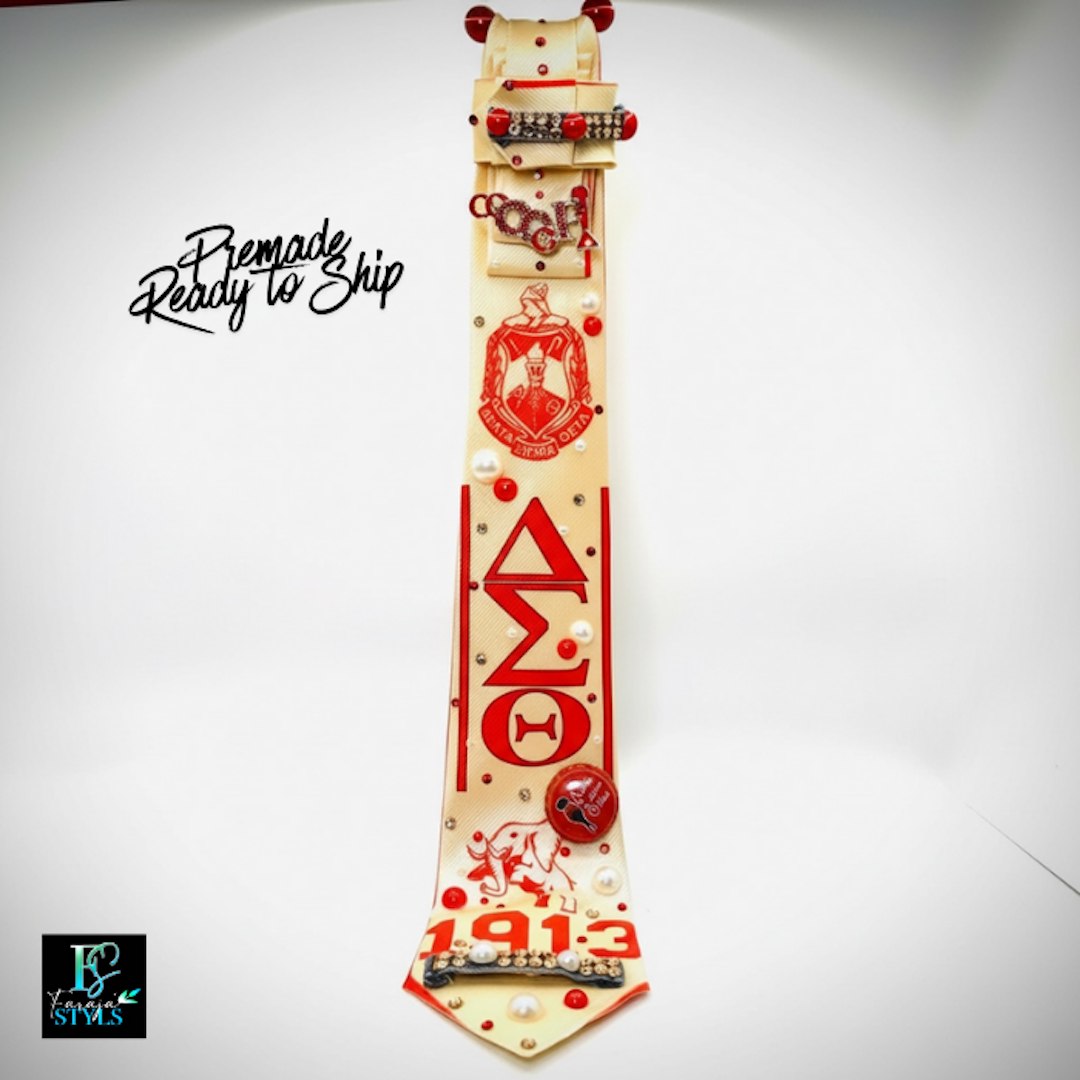 Delta Sigma Theta Premade Junk Tie – Red & White Greek Statement Tie with Bling & Denim