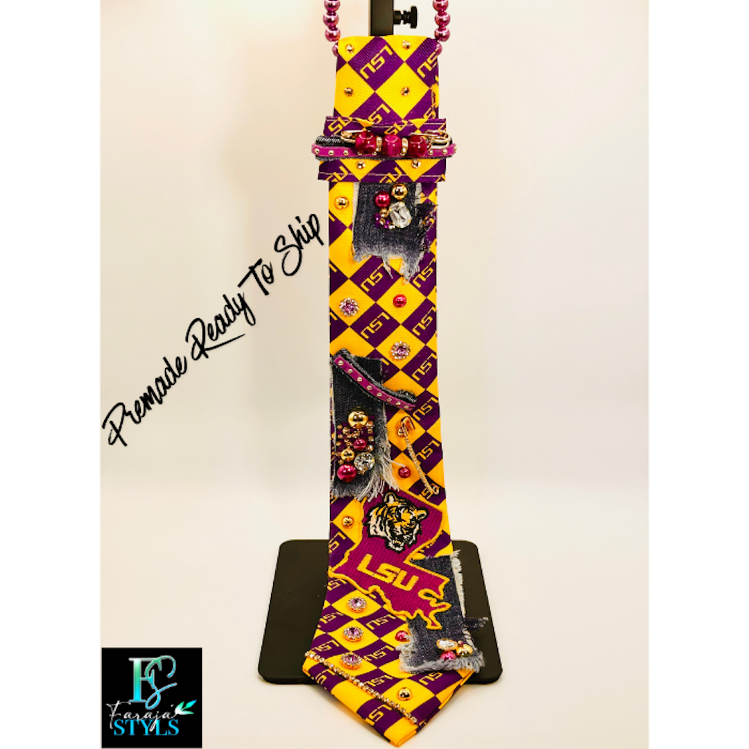 LSU Premade Junk Tie – Purple & Gold Statement Tie with Patches, Pins & Embellishments