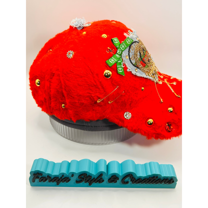 Red Furry Luxury Junk Trucker Hat | Patches, Bling Pins, Rhinestones & Pearls Brooches