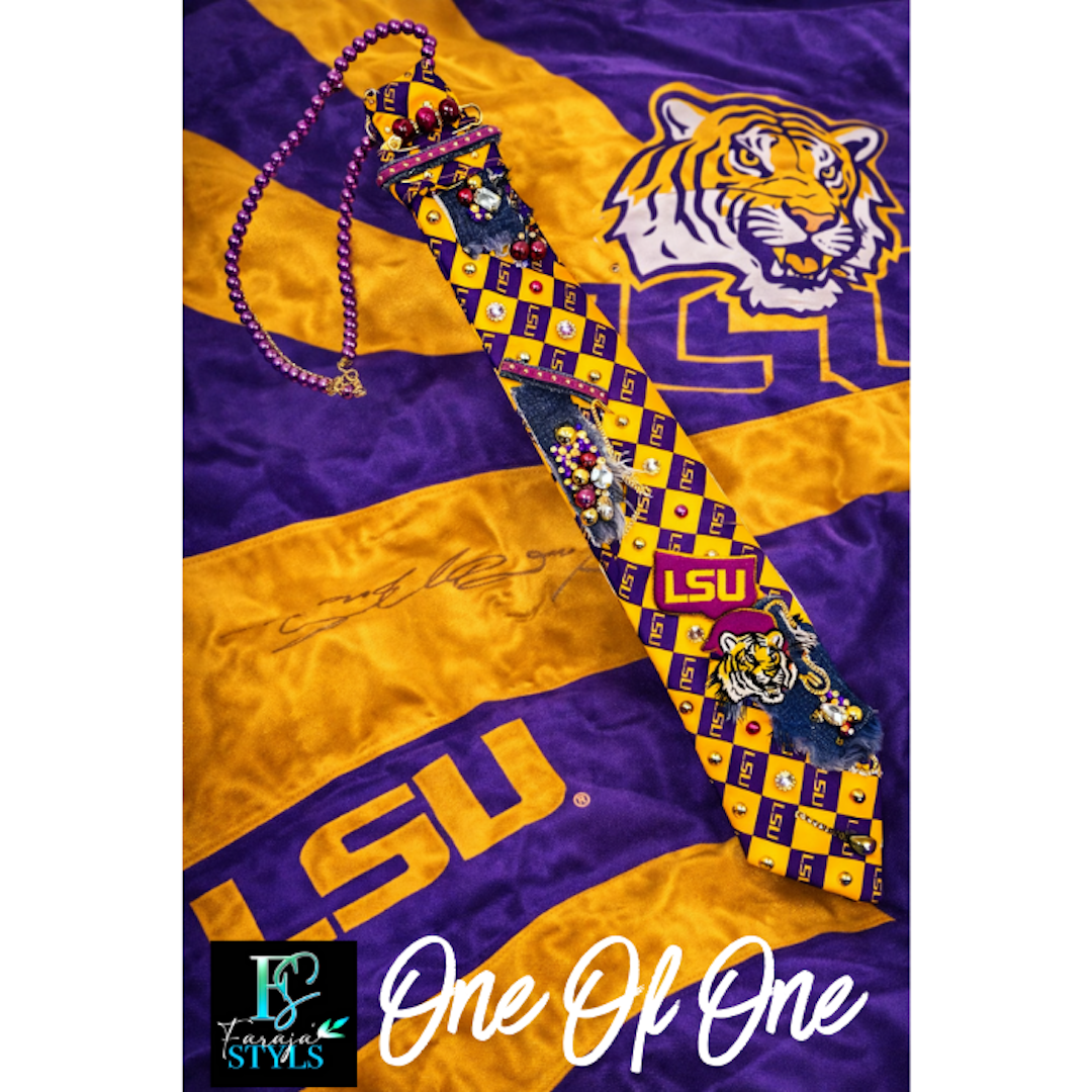 LSU Premade Junk Tie – Purple & Gold Statement Tie with Patches, Pins & Embellishments