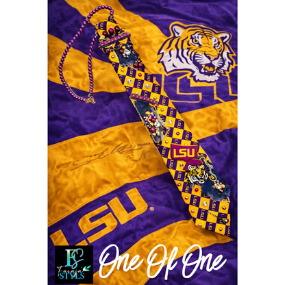 LSU Premade Junk Tie – Purple & Gold Statement Tie with Patches, Pins & Embellishments