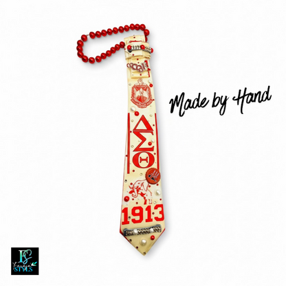 Delta Sigma Theta Premade Junk Tie – Red & White Greek Statement Tie with Bling & Denim