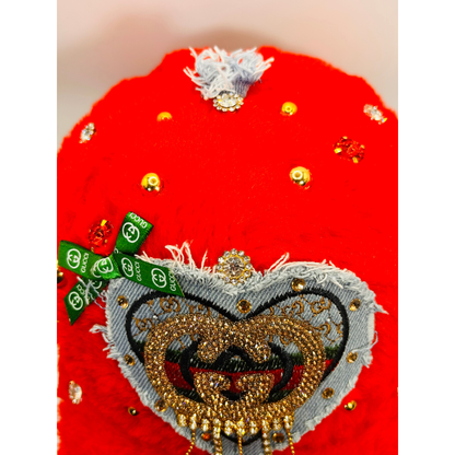 Red Furry Luxury Junk Trucker Hat | Patches, Bling Pins, Rhinestones & Pearls Brooches