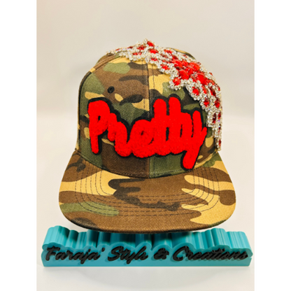 Camo Snapback Hat with Red Chenille “Pretty” Patch & Red + Clear Crystal Appliqué | Pretty Girl Collection
