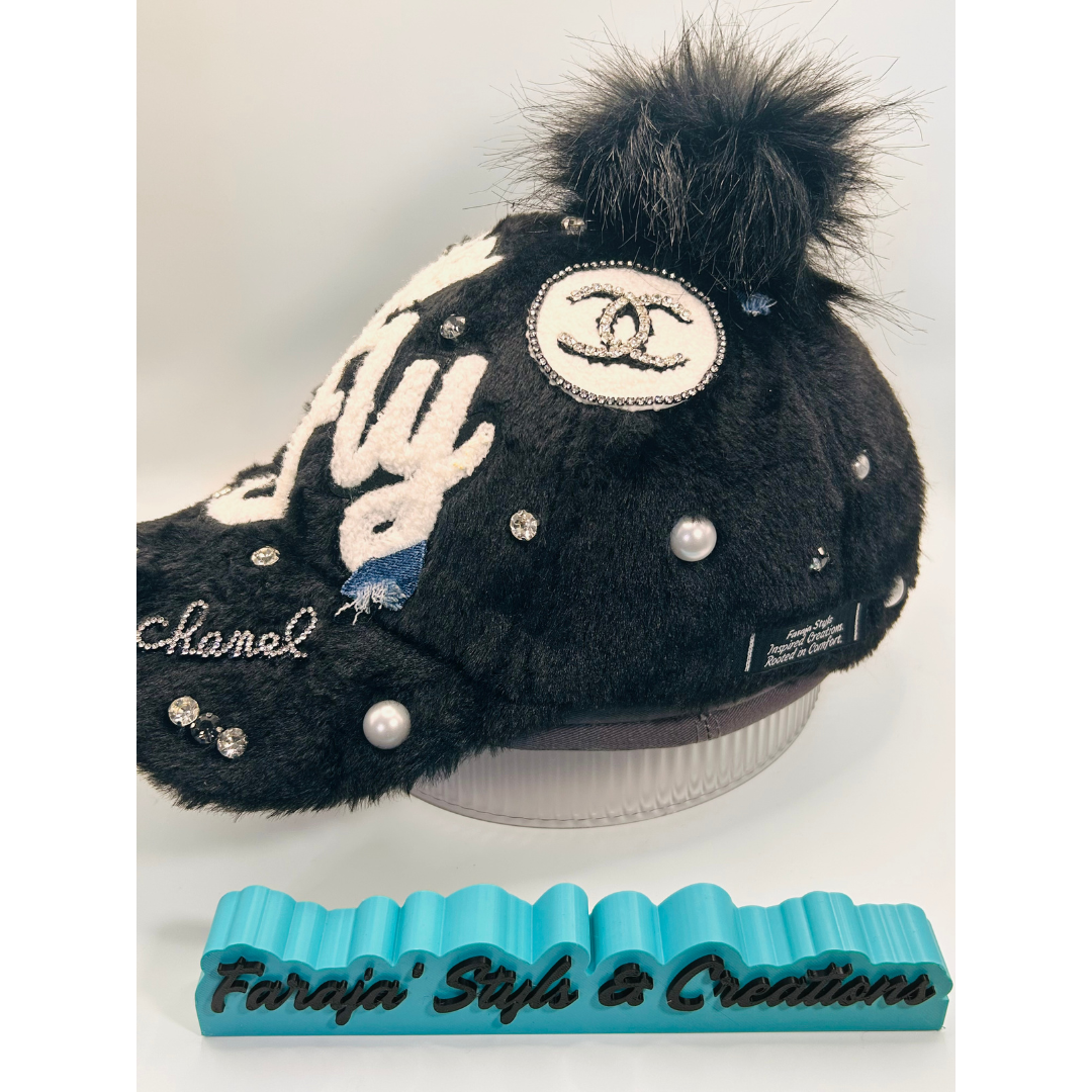 Black Furry “So Fly” Luxury Junk Trucker Hat | Patches, Bling Pins, Rhinestones & Pearls Brooches