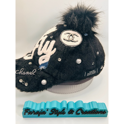 Black Furry “So Fly” Luxury Junk Trucker Hat | Patches, Bling Pins, Rhinestones & Pearls Brooches