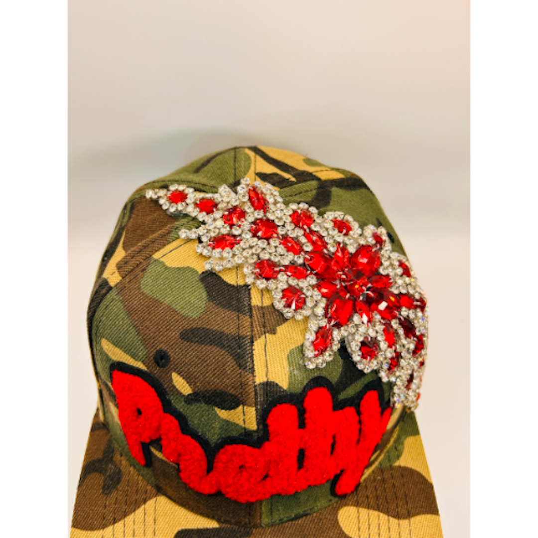 Camo Snapback Hat with Red Chenille “Pretty” Patch & Red + Clear Crystal Appliqué | Pretty Girl Collection