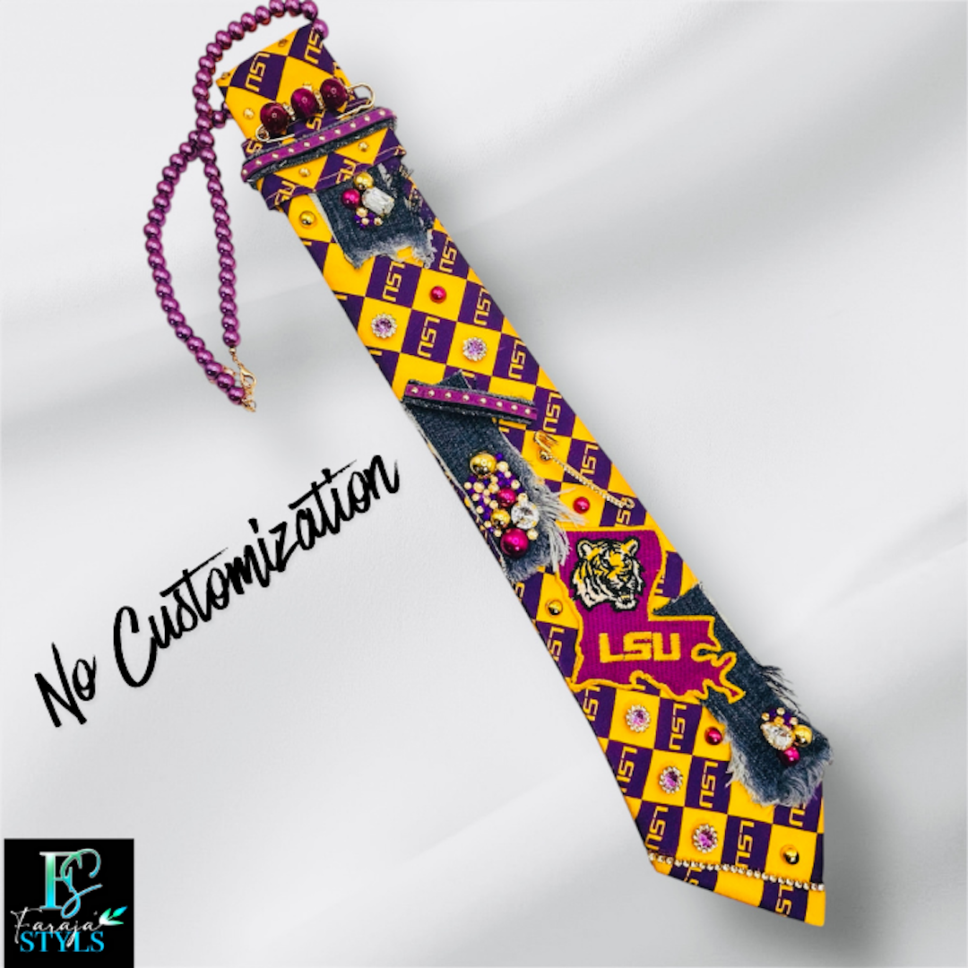 LSU Premade Junk Tie – Purple & Gold Statement Tie with Patches, Pins & Embellishments