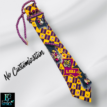 LSU Premade Junk Tie – Purple & Gold Statement Tie with Patches, Pins & Embellishments