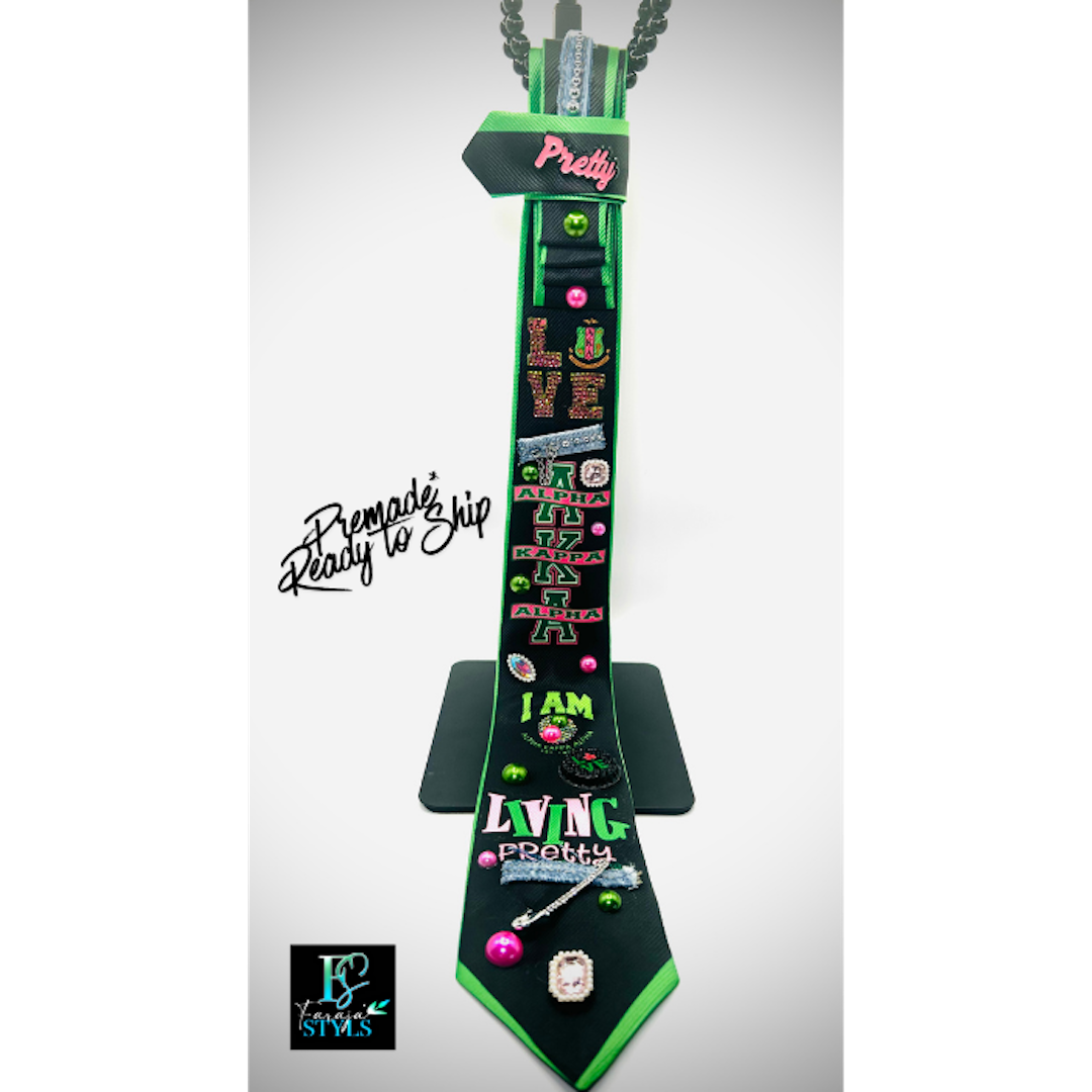 AKA Premade Junk Tie 2– Alpha Kappa Alpha Statement Tie with Denim, Pins & Bling