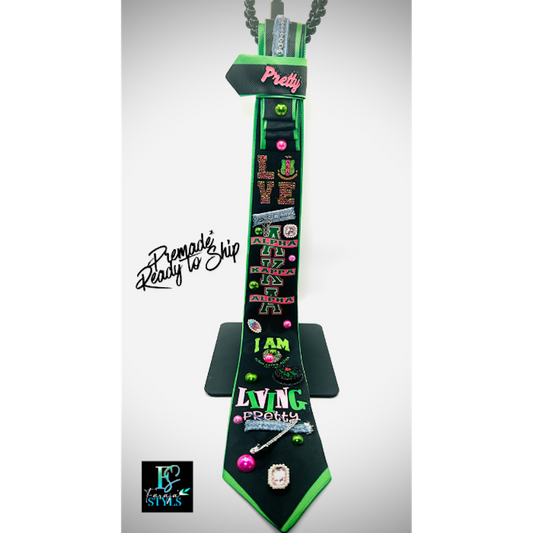 AKA Premade Junk Tie 2– Alpha Kappa Alpha Statement Tie with Denim, Pins & Bling