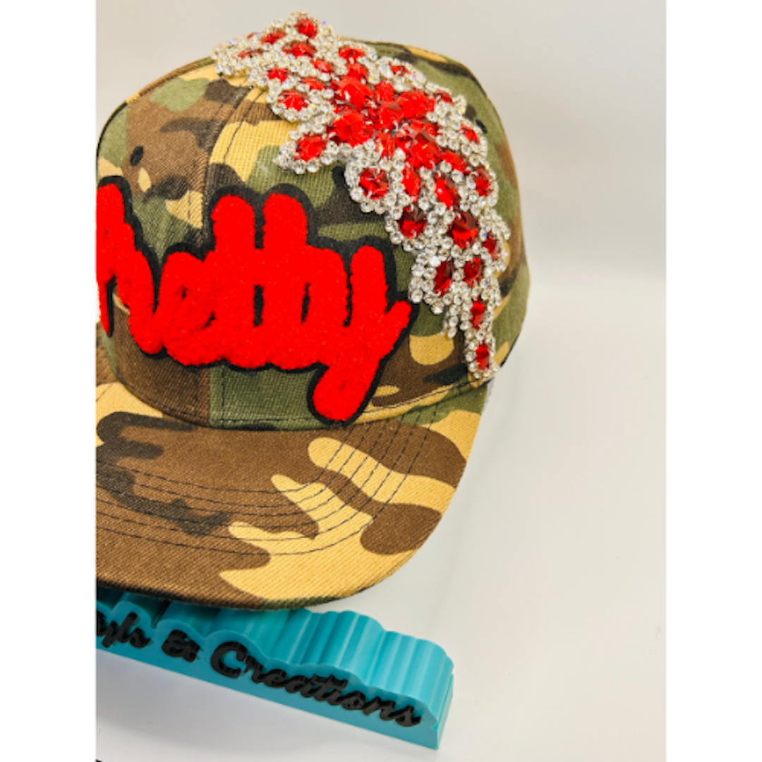 Camo Snapback Hat with Red Chenille “Pretty” Patch & Red + Clear Crystal Appliqué | Pretty Girl Collection