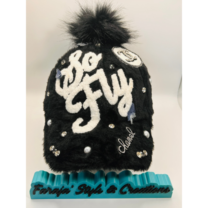 Black Furry “So Fly” Luxury Junk Trucker Hat | Patches, Bling Pins, Rhinestones & Pearls Brooches