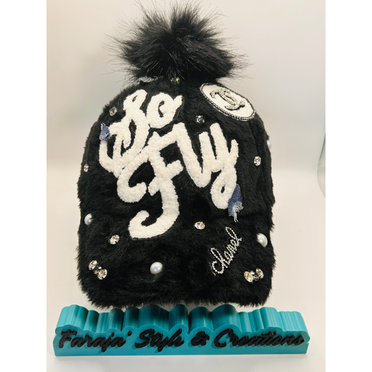 Black Furry “So Fly” Luxury Junk Trucker Hat | Patches, Bling Pins, Rhinestones & Pearls Brooches