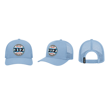 Chicago 312 Patched Snapback Hat | Windy City Pride Trucker Cap - Light Blue Demin