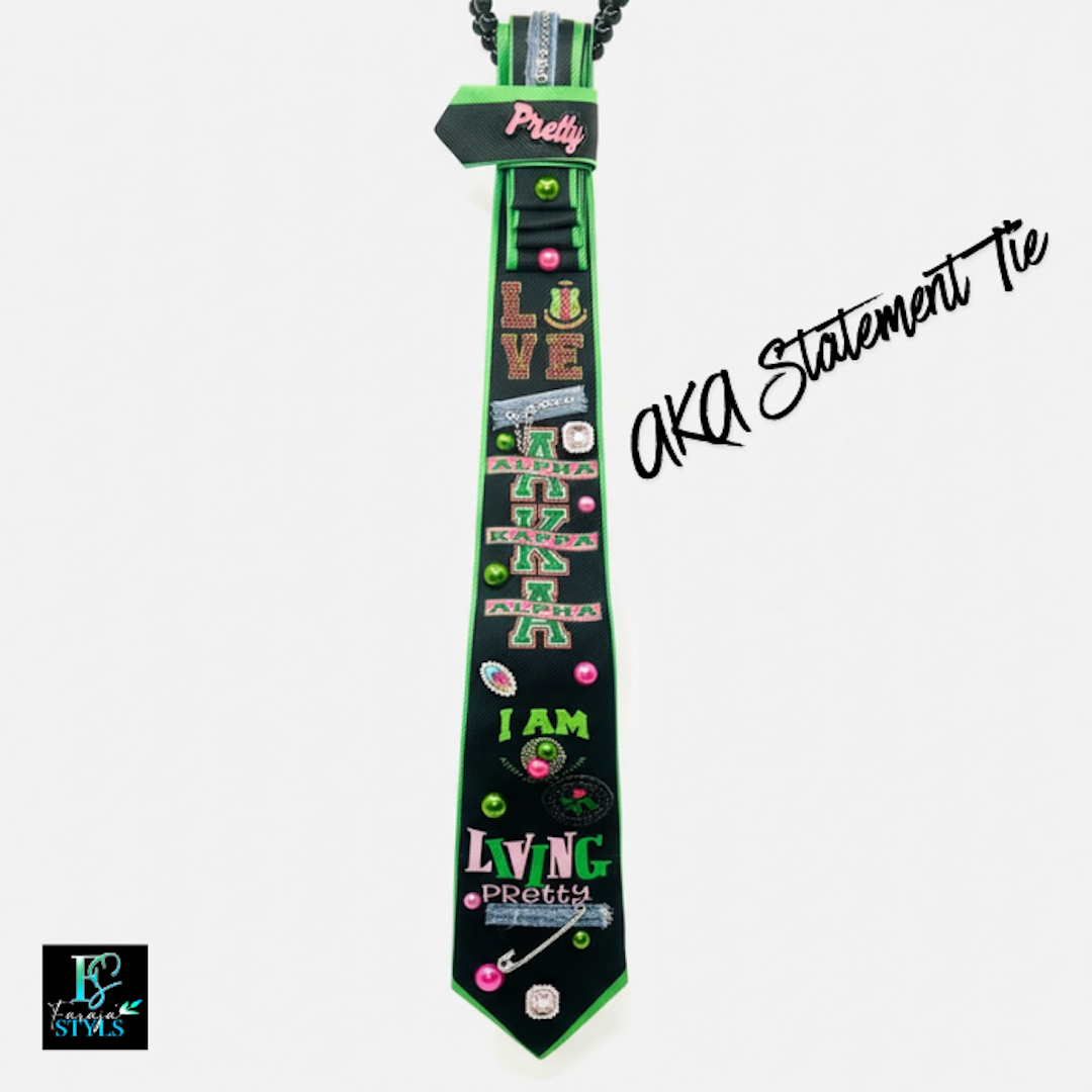 AKA Premade Junk Tie 2– Alpha Kappa Alpha Statement Tie with Denim, Pins & Bling