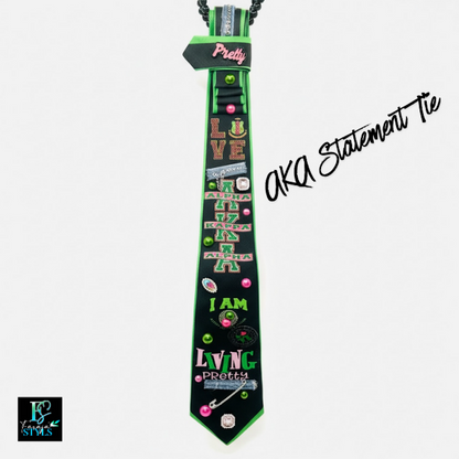 AKA Premade Junk Tie 2– Alpha Kappa Alpha Statement Tie with Denim, Pins & Bling
